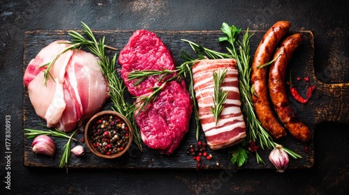 Fototapeta Naklejka Na Ścianę i Meble -  A variety of raw meat and sausages on a wooden cutting board with fresh herbs and spices.