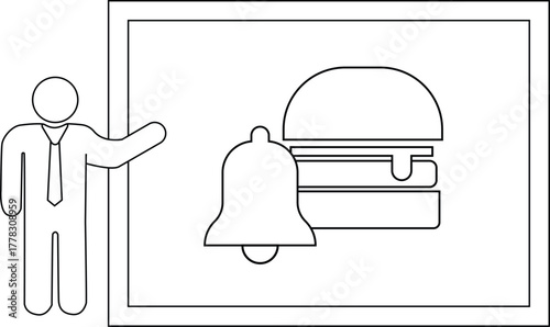A person presents a framed image of a burger and a bell
