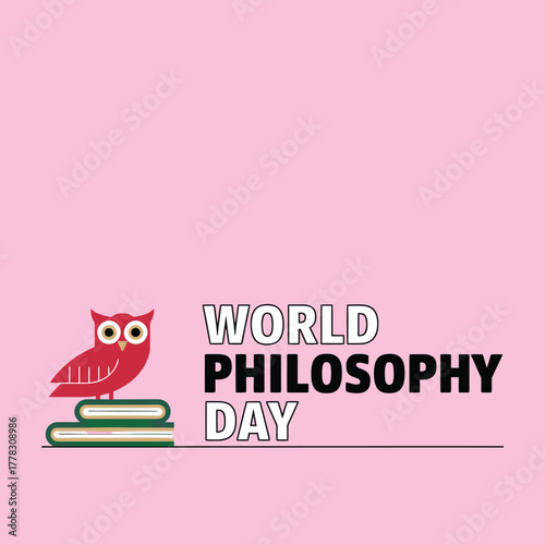Vector art of world philosophy day observed with an owl perched on books, representing wisdom and learning, set against a soft pink backdrop