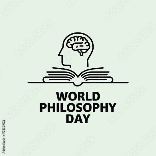Vector art of world philosophy day concept with a stylized brain inside a human head silhouette above an open book, symbolizing knowledge and thought