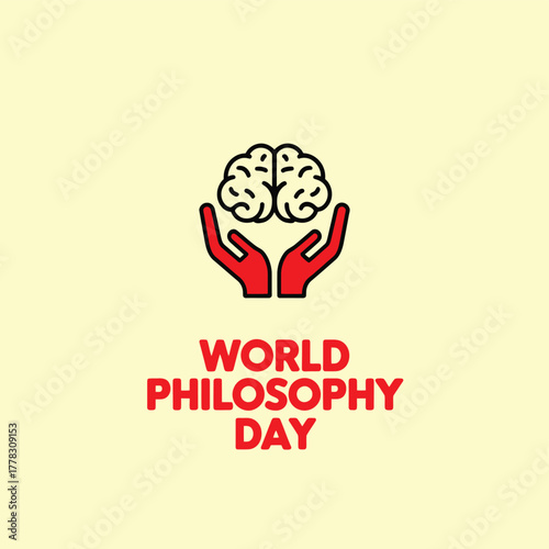 Vector art of world philosophy day concept featuring a brain held carefully between two cupped hands, representing the preciousness of thought and ideas