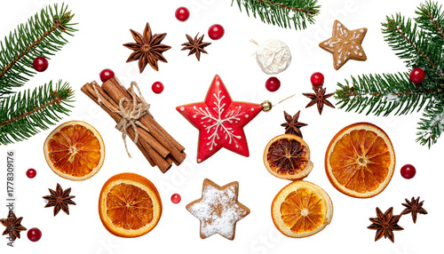 Collection of Traditional Christmas Treats and Festive Decorations on White Background  
