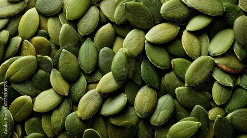 Dense layer of green pumpkin seeds filling the frame, texture emphasized