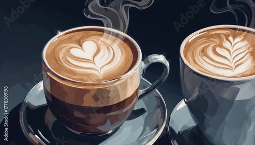 Artistic Coffee - Two Cups with Latte Art in a Cozy Setting.