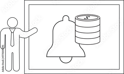 A stick figure gestures to a whiteboard showing a bell and stack of coins with a dollar sign