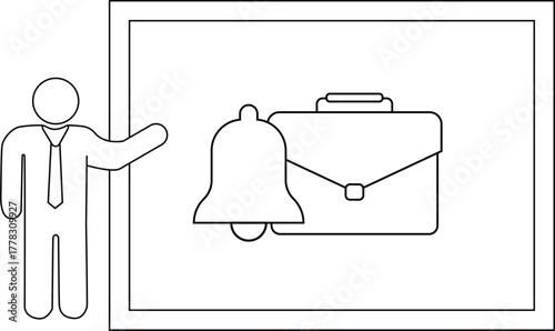 A stick figure presents a framed image of a bell and briefcase