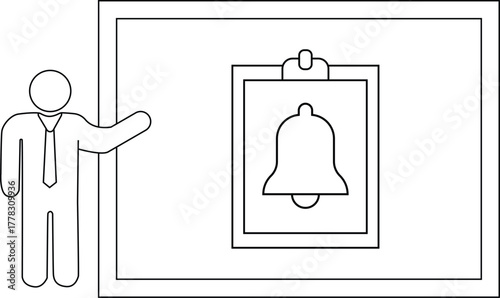 A stick figure presents a notification bell icon on a board