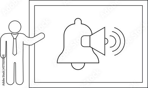 Cartoon man presents bell with megaphone making sound waves on board