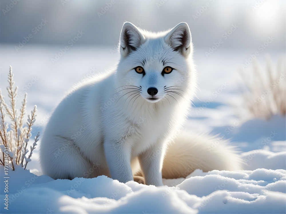 Naklejka premium Arctic fox with bright orange eyes sits in snowy landscape vulpes lagopus white fox