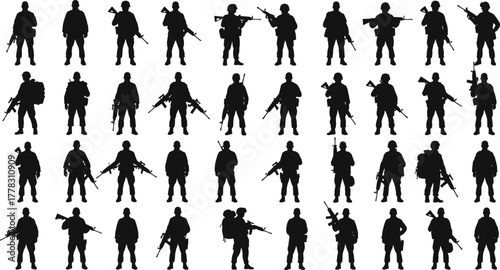 Armed soldier silhouette set, tactical military poses, black vector icons, combat gear illustration, weapon stance collection, defense personnel graphic