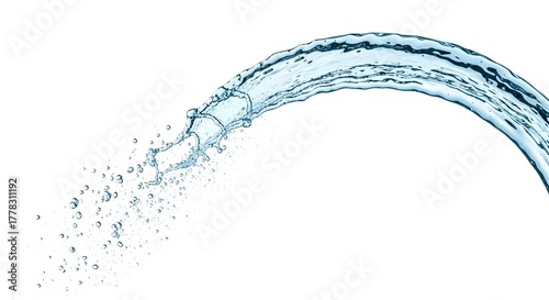 Water stream pouring out of a hose with splashes, isolated on white background