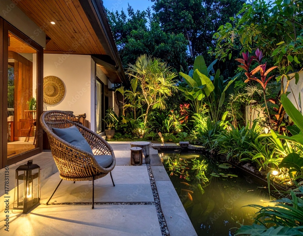 Obraz premium A serene modern tropical villa with open glass walls, warm wooden accents, lush greenery, and a tranquil garden pond illuminated by soft ambient lighting, creating a peaceful evening retreat