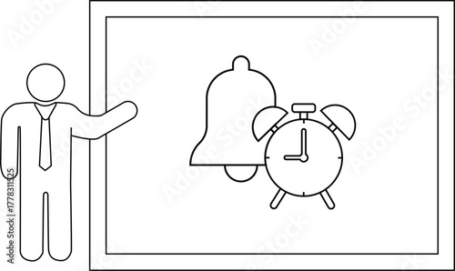 Outline of a man presenting a whiteboard with a bell and alarm clock icon on it