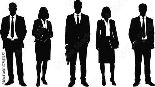 Business team silhouettes, corporate professionals standing together, diverse office staff in formal attire, teamwork and leadership concept, workplace collaboration, career success illustration