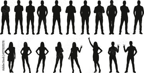 Business silhouettes of professional men and women standing confidently, corporate teamwork, leadership, diversity, unity, office staff, career success, business people illustration vector