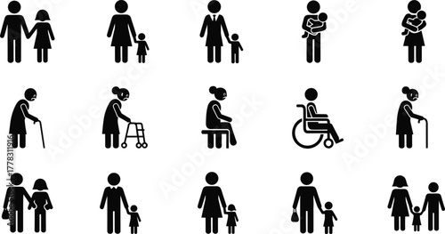 Family and elderly silhouette icon set, black vector figures with children, mobility aids, caregiving scenes, minimal design for social and demographic use