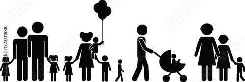 Foto Family and parenting silhouette set, adults with children, stroller and balloon
