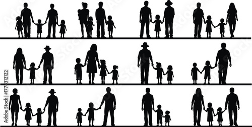 Family configuration silhouette set, black vector icons of adults and children, diverse parenting groups, minimal design for social and demographic themes