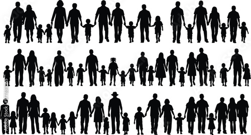 Family silhouette collection, diverse group configurations with adults and children, black vector icons, inclusive parenting and household structure illustration set