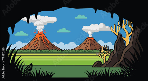 Cartoon volcanoes erupting landscape vector illustration graphic editable