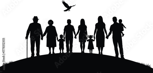Family silhouette illustration, multi generational people standing together, grandparents parents and children, unity and love, black vector design, togetherness, heritage, bonding, community, support