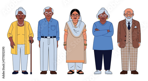 Illustration of diverse elderly people senior citizens group drawing editable