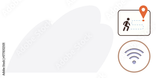 Person tracing route with location marker, wireless signal icon nearby. Ideal for navigation, tracking, connectivity, digital mapping, smart technology, remote assistance travel. Simple flat