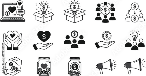 Finance and charity icon set, black and white vector symbols for crowdfunding, donations, communication, money exchange, and social funding concepts