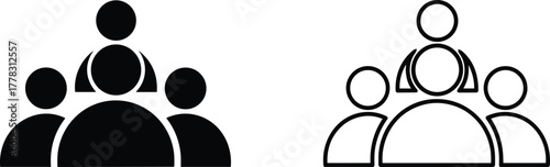 Five-person group icon set, black and outline vector silhouettes in triangular formation, team and community symbol for UI and social design