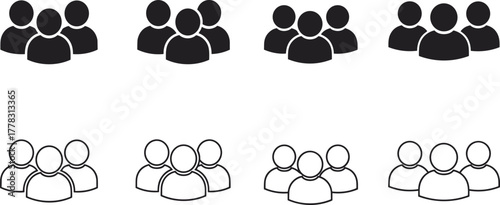 Group people icons, teamwork collaboration symbols, community outline silhouettes,