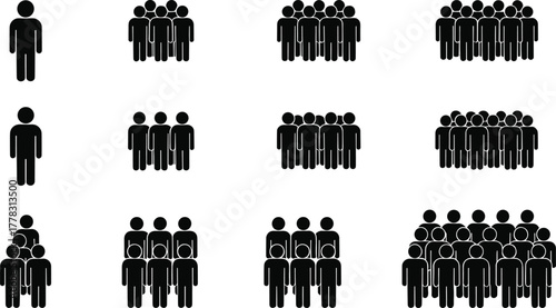 Group size progression icons, black silhouette people set, population growth symbols, minimal vector design, social unit illustration, demographic concept