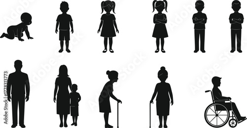 Human life stage silhouette set, black vector icons from infancy to old age, including mobility aids and intergenerational relationships