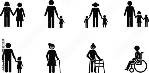 Life stage and caregiving silhouette set, black vector icons of adults, children, elderly figures with mobility aids, inclusive family interaction design