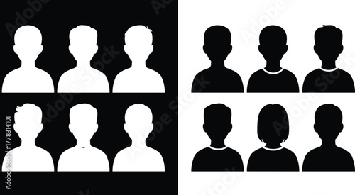 Male and female head silhouettes, black and white profile avatars, business team icons, anonymous people symbols, social media user placeholders, vector illustration