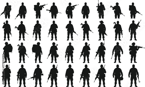 Military soldier silhouettes, armed forces poses, tactical combat stances, rifle and weapon