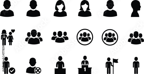 People icons, human silhouettes, group teamwork, business communication, leadership, podium speaker, couple love, social interaction, community, profile avatar, meeting, success, unity, diversity