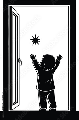 Child reaching for a star in a doorway