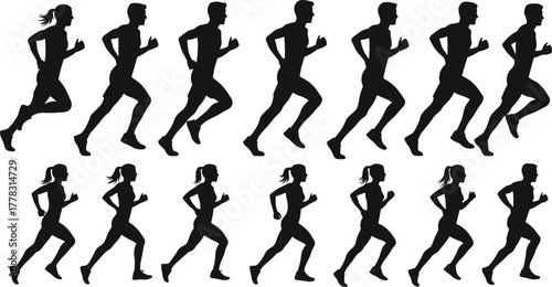 Running silhouettes, male and female athletes, jogging sequence illustration, dynamic human motion, sports training poses, fitness lifestyle concept, vector runners, exercise biomechanics artwork