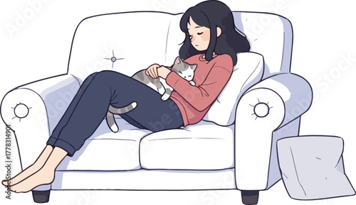 Cozy Domestic Scene Woman Cuddling Cat On White Sofa