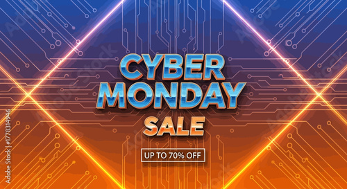 Cyber Monday Orange Blue Neon Circuit Background