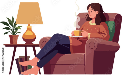 Cozy Woman Relaxing in Armchair Holding Warm Drink with Steam