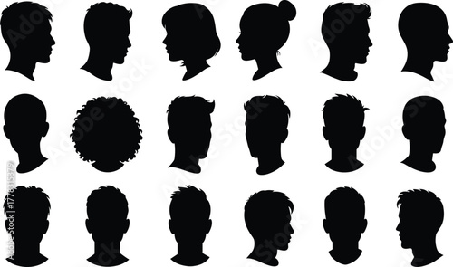 Silhouette human head profiles, diverse male and female faces, hairstyle variation, black vector icons, people avatar collection, character design elements, graphic illustration