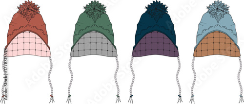 Four colorful winter knit hats with earflaps and pom poms. A vector illustration set of seasonal headwear accessories for cold weather