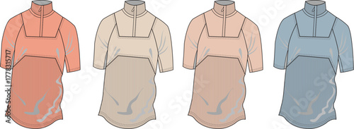 A collection of quarter-zip pullover shirts in various color options, presented as flat vector illustrations suitable for apparel design, fashion development, and technical specification