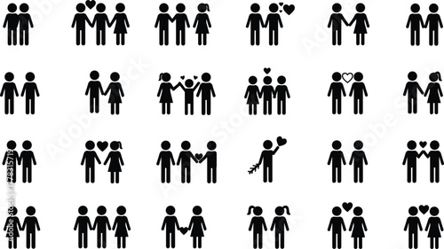 Silhouette people icons, relationship symbols, love and friendship vector set, couples with hearts, family group, social connection, romantic illustration, communication concept