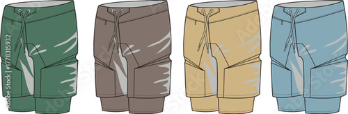 A versatile collection of men's cargo pants in four different colors, isolated vector illustration for fashion and workwear