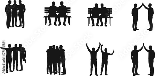 Silhouette people interaction vector illustration, group friendship, teamwork unity, emotional