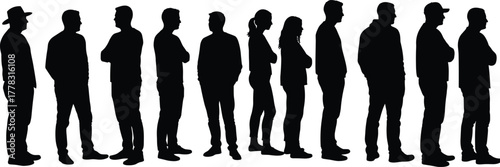 Silhouette people standing, diverse human postures, group of individuals, fashion style variation, crowd illustration, black vector design, community concept, business and society icons