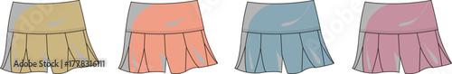 Vector illustration set of women's pleated sports skorts in various colorways. Apparel design templates for activewear and athletic fashion