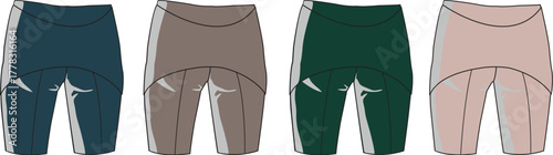 A set of four technical flat sketches illustrating various designs of women's athletic shorts, each presented in a different color, ideal for fashion design and apparel production templates
